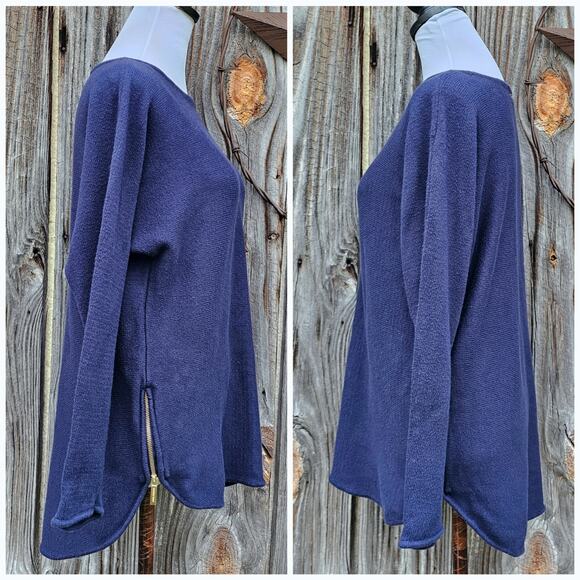 Side Zip Sweater Michael Kors MMK Blue Size Medium Hi Low Round Hem Knit Top M - Picture 3 of 9